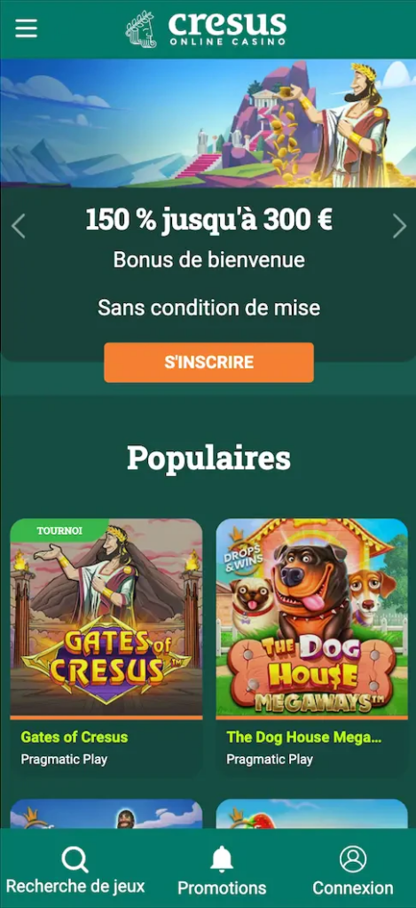 interface mobile de l'application de casino